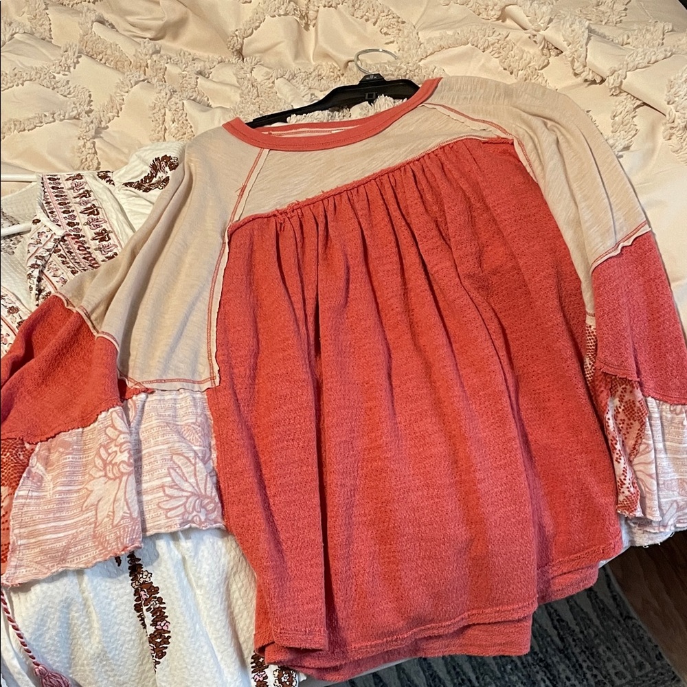 We The Free Layered Coral and Cream Short Sleeve Top